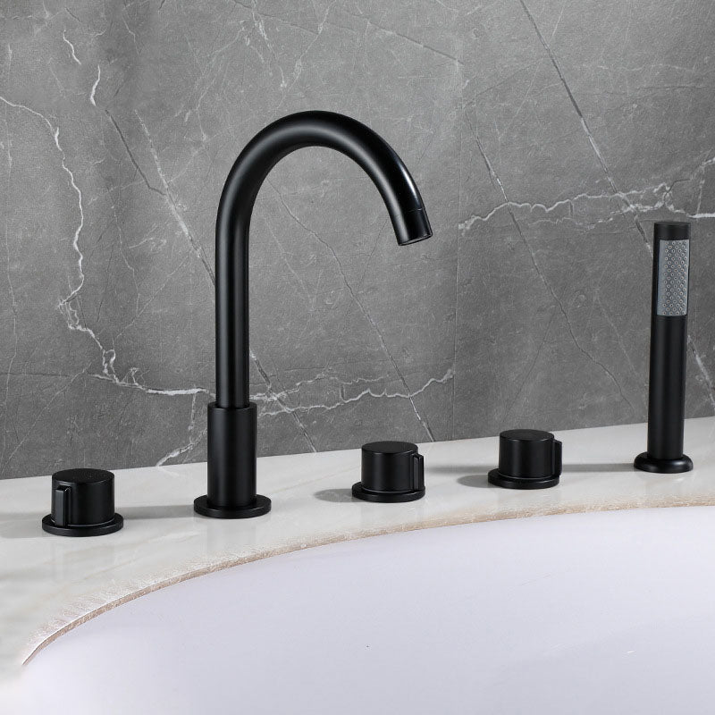 Contemporary Bathroom Faucet Deck Mounted Copper Low Arc Swivel Roman Tub Faucet Set Black Gooseneck Knob Handles Clearhalo 'Bathroom Remodel & Bathroom Fixtures' 'Bathtub Faucets' 'bathtub_faucets' 'Home Improvement' 'home_improvement' 'home_improvement_bathtub_faucets' 7313870