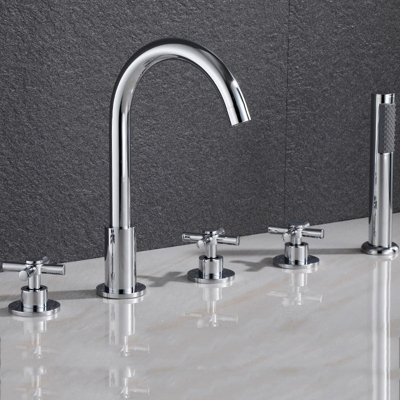 Contemporary Bathroom Faucet Deck Mounted Copper Low Arc Swivel Roman Tub Faucet Set Silver Gooseneck Cross Handles Clearhalo 'Bathroom Remodel & Bathroom Fixtures' 'Bathtub Faucets' 'bathtub_faucets' 'Home Improvement' 'home_improvement' 'home_improvement_bathtub_faucets' 7313871