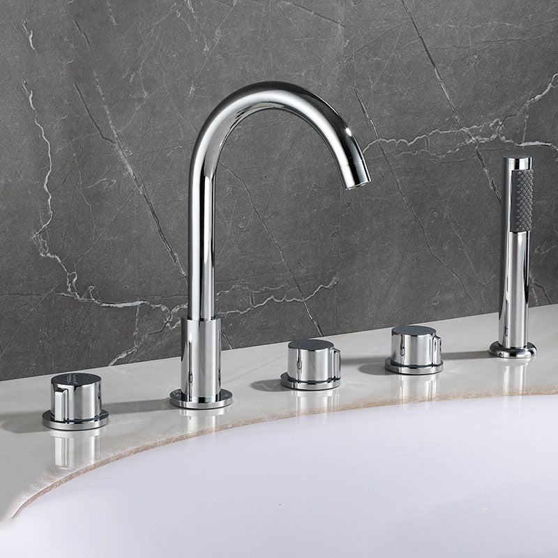 Contemporary Bathroom Faucet Deck Mounted Copper Low Arc Swivel Roman Tub Faucet Set Silver Gooseneck Knob Handles Clearhalo 'Bathroom Remodel & Bathroom Fixtures' 'Bathtub Faucets' 'bathtub_faucets' 'Home Improvement' 'home_improvement' 'home_improvement_bathtub_faucets' 7313874