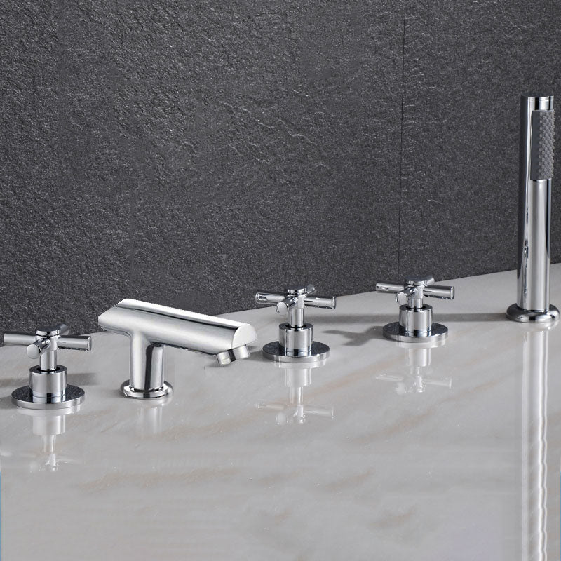 Contemporary Bathroom Faucet Deck Mounted Copper Low Arc Swivel Roman Tub Faucet Set Silver 7 Shape Cross Handles Clearhalo 'Bathroom Remodel & Bathroom Fixtures' 'Bathtub Faucets' 'bathtub_faucets' 'Home Improvement' 'home_improvement' 'home_improvement_bathtub_faucets' 7313877