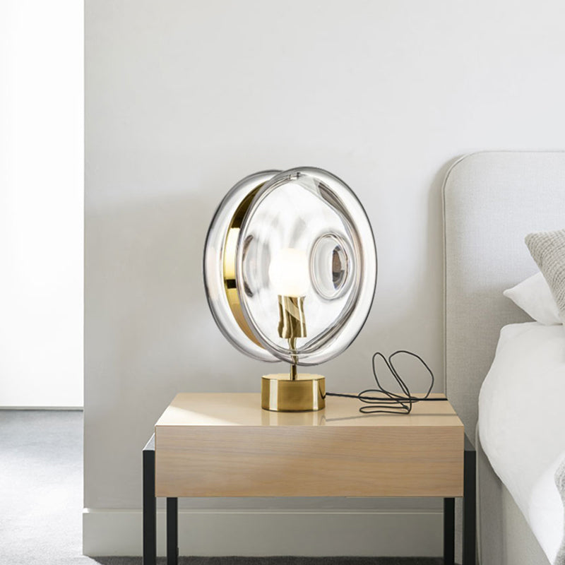 Round Night Table Light Modernism Blue/Clear Glass Single Bulb Bedside Nightstand Lamp in Gold Clearhalo 'Lamps' 'Table Lamps' Lighting' 731435