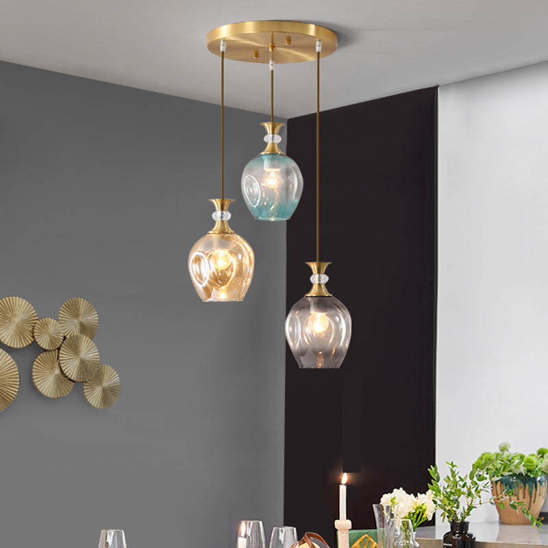 Gold Tulips Cluster Pendant Light Modernist 3 Heads Tan-Blue-Grey Dimpled Glass Ceiling Lamp Gold Clearhalo 'Ceiling Lights' 'Glass shade' 'Glass' 'Modern Pendants' 'Modern' 'Pendant Lights' 'Pendants' Lighting' 731476