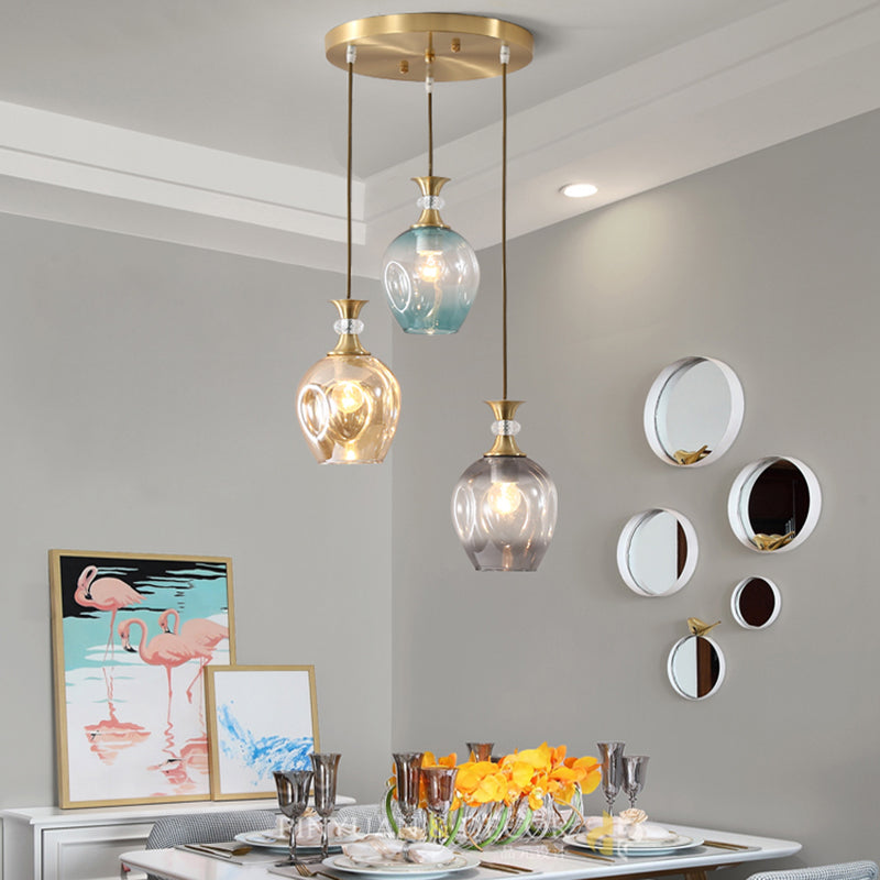 Gold Tulips Cluster Pendant Light Modernist 3 Heads Tan-Blue-Grey Dimpled Glass Ceiling Lamp Clearhalo 'Ceiling Lights' 'Glass shade' 'Glass' 'Modern Pendants' 'Modern' 'Pendant Lights' 'Pendants' Lighting' 731477