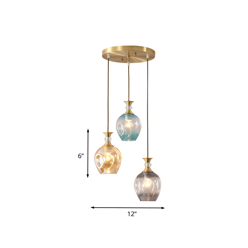 Gold Tulips Cluster Pendant Light Modernist 3 Heads Tan-Blue-Grey Dimpled Glass Ceiling Lamp Clearhalo 'Ceiling Lights' 'Glass shade' 'Glass' 'Modern Pendants' 'Modern' 'Pendant Lights' 'Pendants' Lighting' 731480