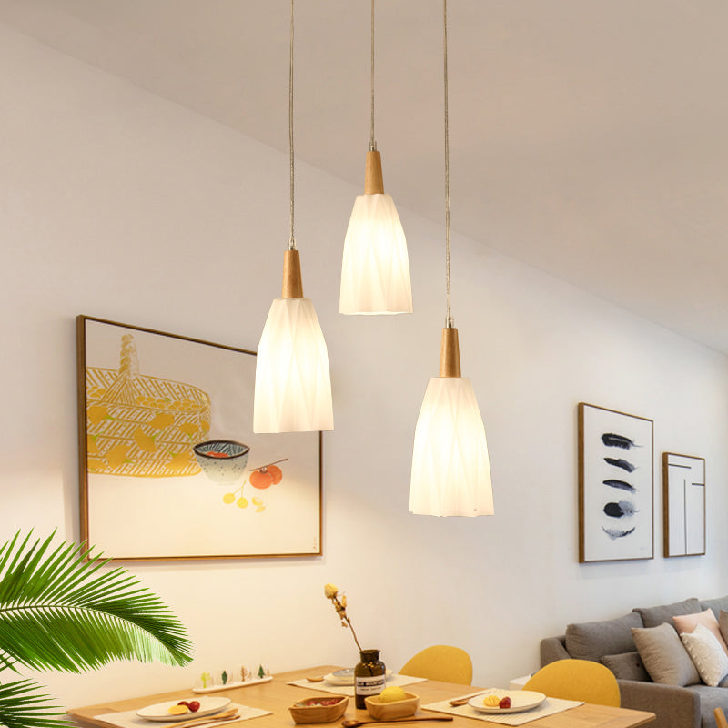White Glass Prismatic Cluster Pendant Japanese 3-Light Hanging Lamp Kit with Round Wood Canopy White Clearhalo 'Ceiling Lights' 'Chandeliers' 'Glass shade' 'Glass' 'Modern Pendants' 'Modern' 'Pendant Lights' 'Pendants' Lighting' 731494