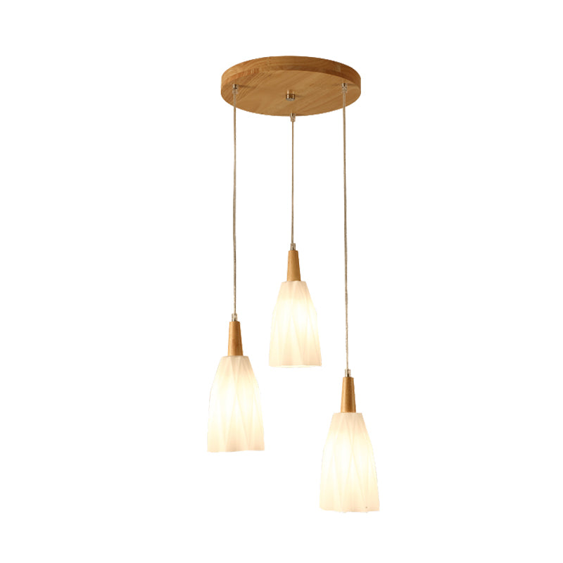 White Glass Prismatic Cluster Pendant Japanese 3-Light Hanging Lamp Kit with Round Wood Canopy Clearhalo 'Ceiling Lights' 'Chandeliers' 'Glass shade' 'Glass' 'Modern Pendants' 'Modern' 'Pendant Lights' 'Pendants' Lighting' 731496