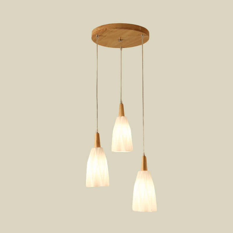 White Glass Prismatic Cluster Pendant Japanese 3-Light Hanging Lamp Kit with Round Wood Canopy Clearhalo 'Ceiling Lights' 'Chandeliers' 'Glass shade' 'Glass' 'Modern Pendants' 'Modern' 'Pendant Lights' 'Pendants' Lighting' 731497