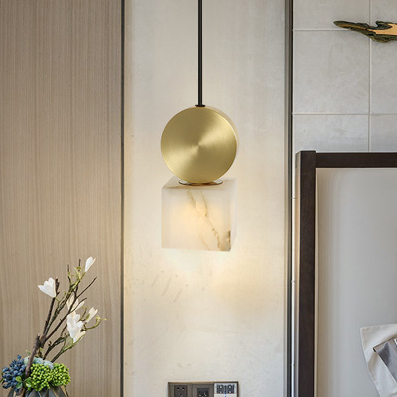 Square/Cylinder Pendant Post Modern Marble 1 Head Bedside Hanging Lamp Kit in White with Gold Round Top Gold Square Plate Clearhalo 'Ceiling Lights' 'Modern Pendants' 'Modern' 'Pendant Lights' 'Pendants' Lighting' 731504