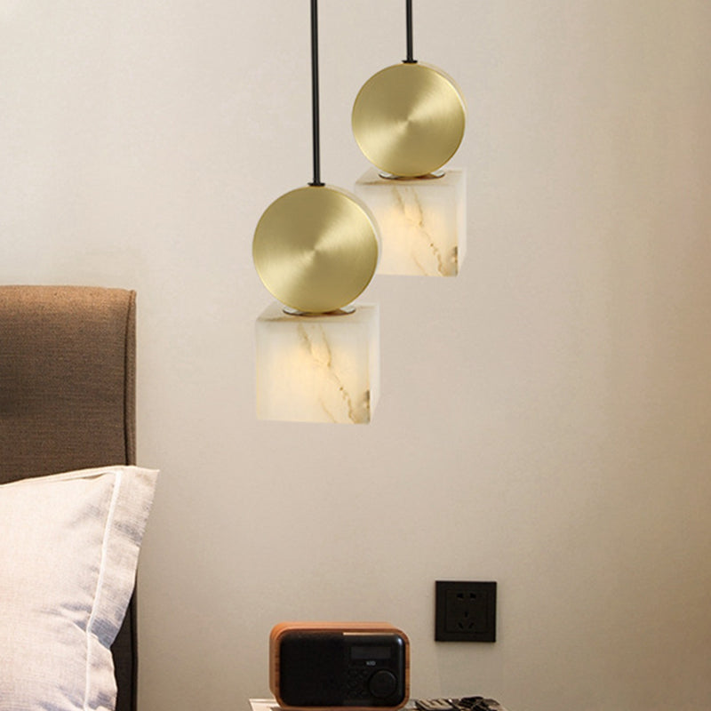 Square/Cylinder Pendant Post Modern Marble 1 Head Bedside Hanging Lamp Kit in White with Gold Round Top Clearhalo 'Ceiling Lights' 'Modern Pendants' 'Modern' 'Pendant Lights' 'Pendants' Lighting' 731505