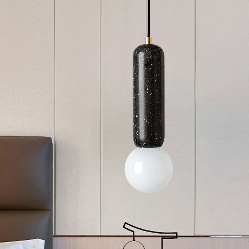 Capsule Pendant Minimalism Marble 1 Light Bedside Mini Hanging Lamp with Orb Opal Glass Shade in White/Black Black Clearhalo 'Ceiling Lights' 'Modern Pendants' 'Modern' 'Pendant Lights' 'Pendants' Lighting' 731582