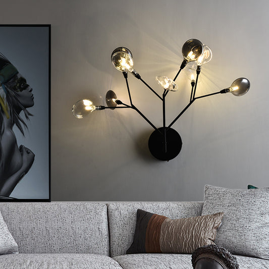 Branch Iron LED Sconce Lighting Contemporary 9-Light Black Finish Wall Lamp Fixture for Living Room Black Clearhalo 'Cast Iron' 'Glass' 'Industrial' 'Modern wall lights' 'Modern' 'Tiffany' 'Traditional wall lights' 'Wall Lamps & Sconces' 'Wall Lights' Lighting' 731752