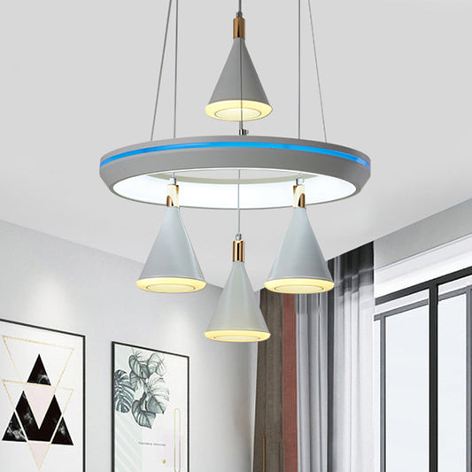Acrylic Conical LED Cluster Pendant Light Modernism 4-Head Suspension Lamp in White with Ring Shelf White Clearhalo 'Ceiling Lights' 'Modern Pendants' 'Modern' 'Pendant Lights' 'Pendants' Lighting' 731827