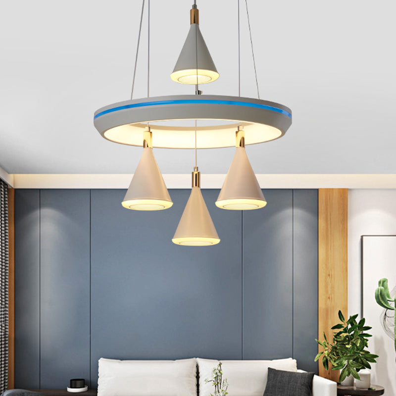 Acrylic Conical LED Cluster Pendant Light Modernism 4-Head Suspension Lamp in White with Ring Shelf Clearhalo 'Ceiling Lights' 'Modern Pendants' 'Modern' 'Pendant Lights' 'Pendants' Lighting' 731829