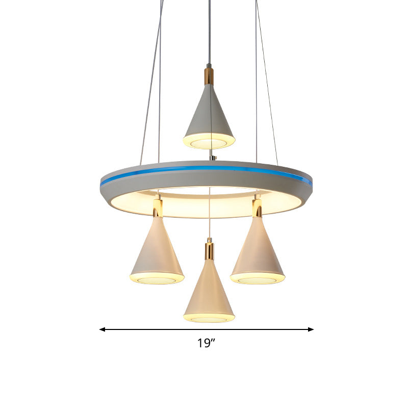 Acrylic Conical LED Cluster Pendant Light Modernism 4-Head Suspension Lamp in White with Ring Shelf Clearhalo 'Ceiling Lights' 'Modern Pendants' 'Modern' 'Pendant Lights' 'Pendants' Lighting' 731831