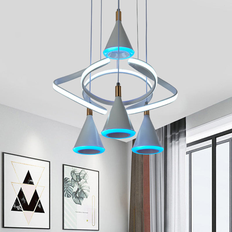 Cone Acrylic Multiple Hanging Light Modern 4-Light Grey LED Ceiling Pendant Lamp with Strip Beam Grey Clearhalo 'Ceiling Lights' 'Modern Pendants' 'Modern' 'Pendant Lights' 'Pendants' Lighting' 731890