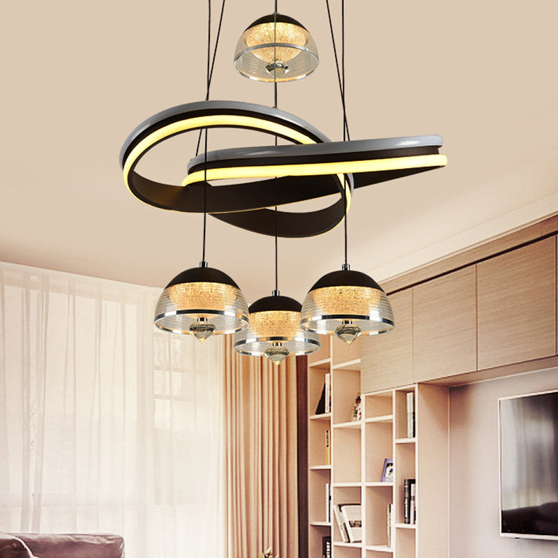 Domed Dining Room Cluster Pendant Acrylic 4 Heads Modernism LED Hanging Ceiling Light in Black with Strip Beam Clearhalo 'Ceiling Lights' 'Modern Pendants' 'Modern' 'Pendant Lights' 'Pendants' Lighting' 731912