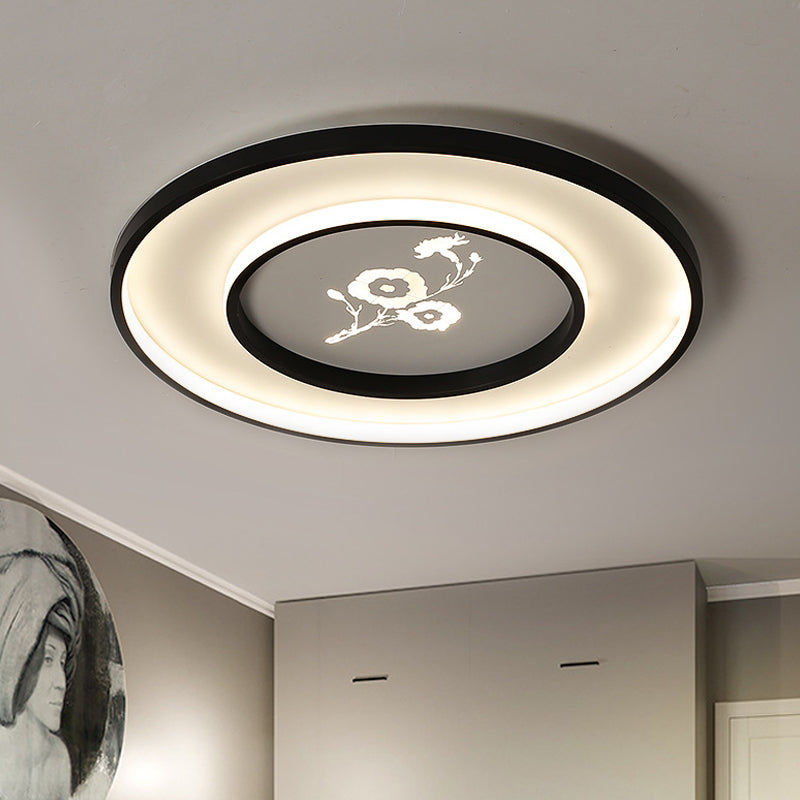 16"/19.5" Dia Modern Round Ceiling Flush Mount Acrylic LED Bedroom Flush Light Fixture in Black with Flower Pattern, White/Warm Light Black Clearhalo 'Ceiling Lights' 'Close To Ceiling Lights' 'Close to ceiling' 'Flush mount' Lighting' 731931