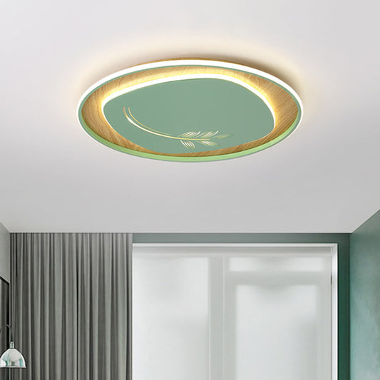 Metal Arc Square Flush Light Modern Black/Grey/Green LED Ceiling Flush with Round Wood Canopy, 16"/19.5" Wide Green Clearhalo 'Ceiling Lights' 'Close To Ceiling Lights' 'Close to ceiling' 'Flush mount' Lighting' 732204