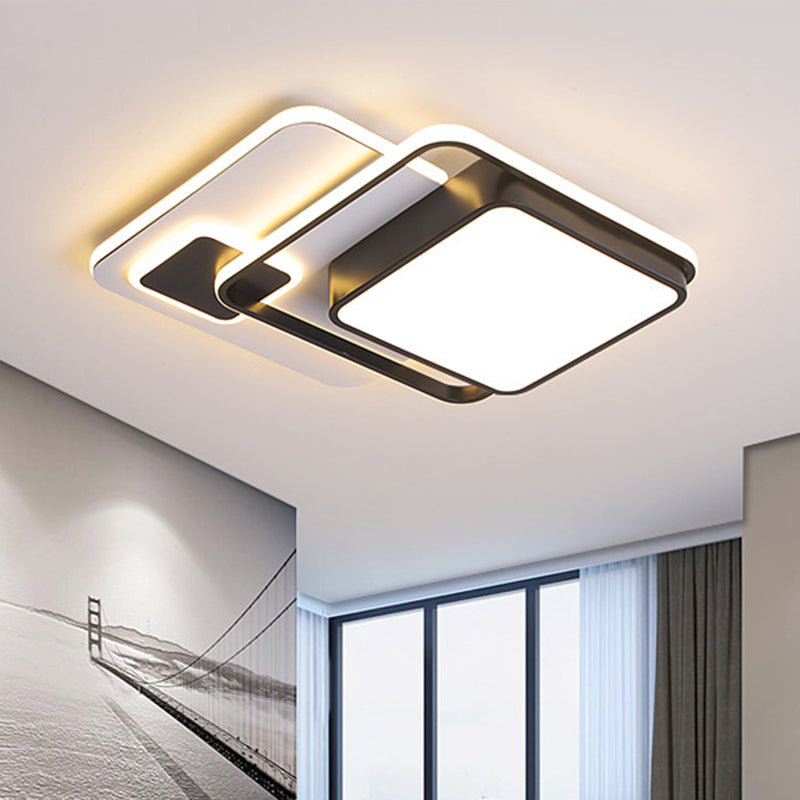 Modernist Square Flush Ceiling Light Iron 16"/19.5" W LED Bedroom Flush Lamp Fixture in Black Black Clearhalo 'Ceiling Lights' 'Close To Ceiling Lights' 'Close to ceiling' 'Flush mount' Lighting' 732250