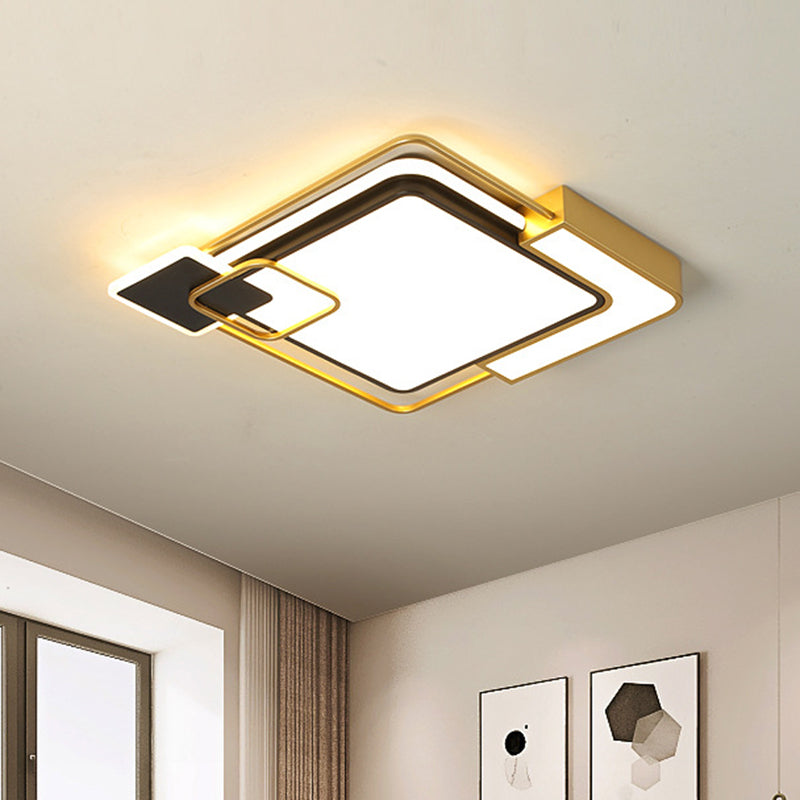 Squared Metallic Flushmount Lighting Modern Black and Gold LED Close to Ceiling Lamp, 16"/19.5" Wide Clearhalo 'Ceiling Lights' 'Close To Ceiling Lights' 'Close to ceiling' 'Flush mount' Lighting' 732257