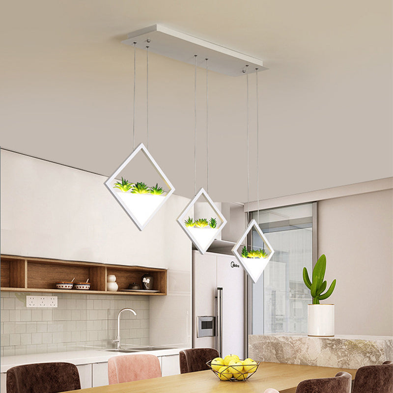 White 3-Rhombus Suspension Light Modernism LED Acrylic Cluster Pendant Lamp with Plant Deco in Warm/White Light Clearhalo 'Ceiling Lights' 'Modern Pendants' 'Modern' 'Pendant Lights' 'Pendants' Lighting' 732474