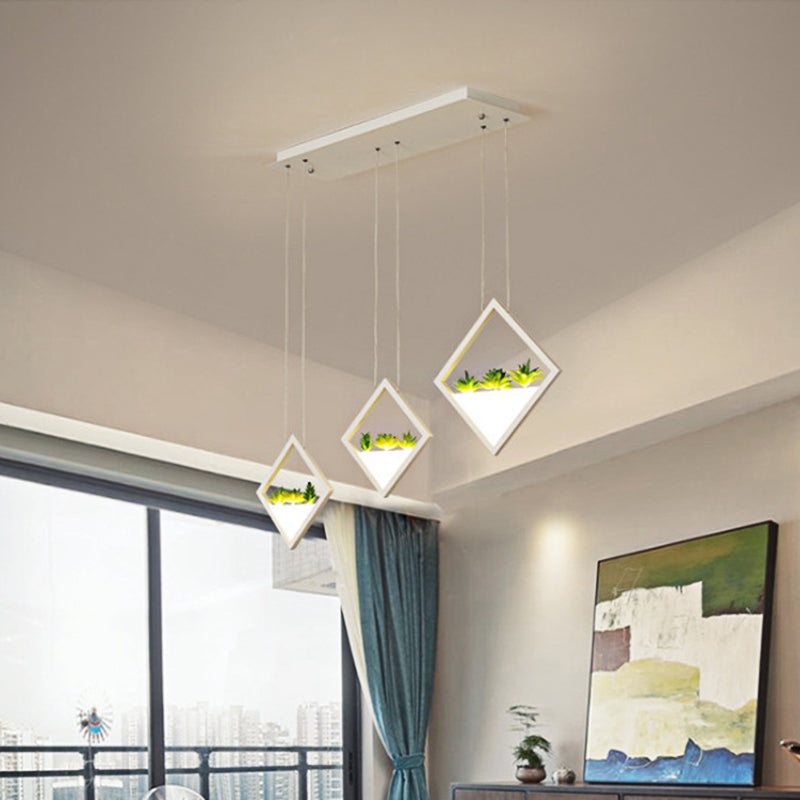 White 3-Rhombus Suspension Light Modernism LED Acrylic Cluster Pendant Lamp with Plant Deco in Warm/White Light Clearhalo 'Ceiling Lights' 'Modern Pendants' 'Modern' 'Pendant Lights' 'Pendants' Lighting' 732475