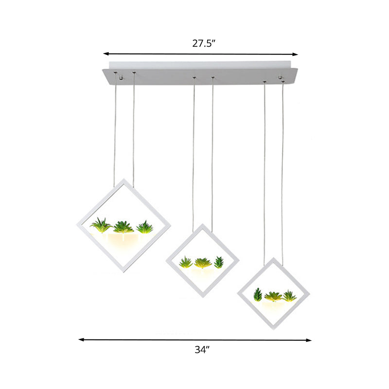 White 3-Rhombus Suspension Light Modernism LED Acrylic Cluster Pendant Lamp with Plant Deco in Warm/White Light Clearhalo 'Ceiling Lights' 'Modern Pendants' 'Modern' 'Pendant Lights' 'Pendants' Lighting' 732477