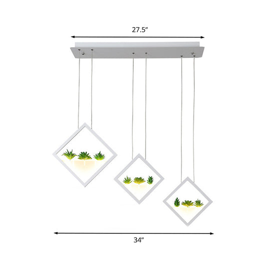 White 3-Rhombus Suspension Light Modernism LED Acrylic Cluster Pendant Lamp with Plant Deco in Warm/White Light Clearhalo 'Ceiling Lights' 'Modern Pendants' 'Modern' 'Pendant Lights' 'Pendants' Lighting' 732477