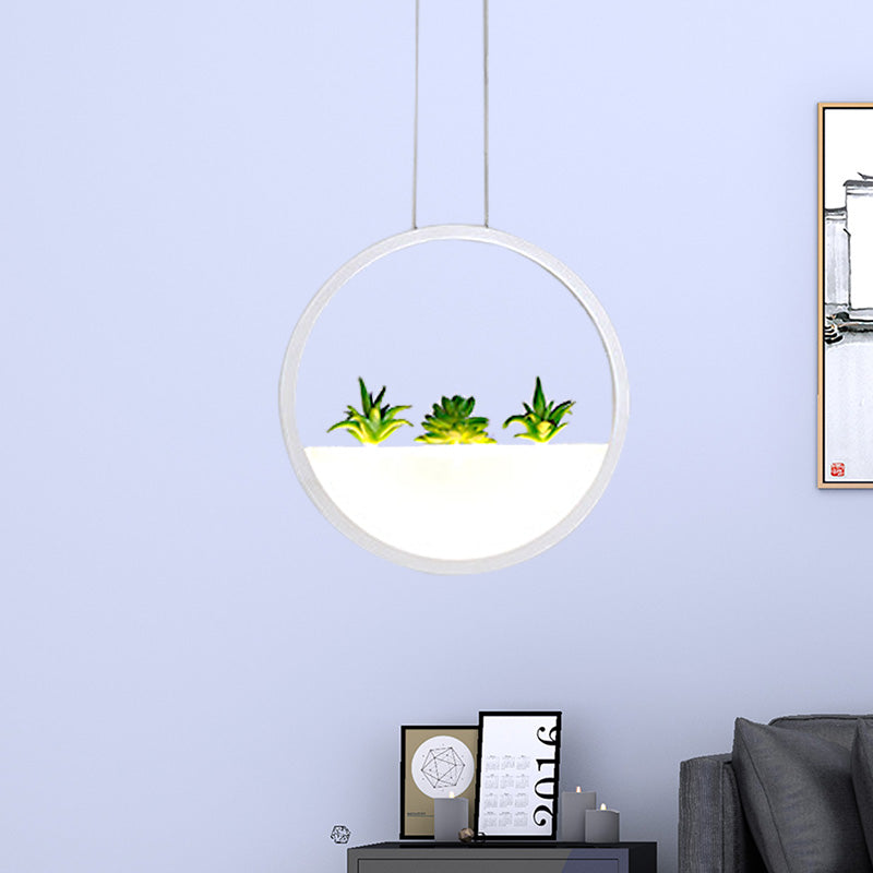 Circular Bedside Pendant Modernist 11"/14" Wide LED Acrylic Hanging Ceiling Lamp in White with Plant Decor, White/Warm Light White Clearhalo 'Ceiling Lights' 'Modern Pendants' 'Modern' 'Pendant Lights' 'Pendants' Lighting' 732478