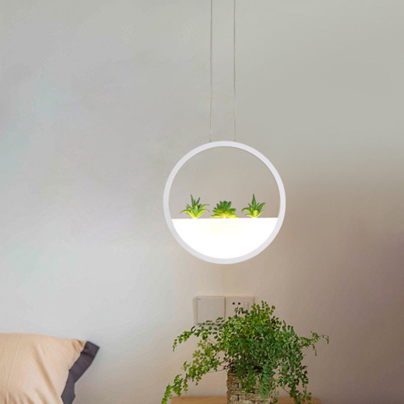 Circular Bedside Pendant Modernist 11"/14" Wide LED Acrylic Hanging Ceiling Lamp in White with Plant Decor, White/Warm Light Clearhalo 'Ceiling Lights' 'Modern Pendants' 'Modern' 'Pendant Lights' 'Pendants' Lighting' 732479