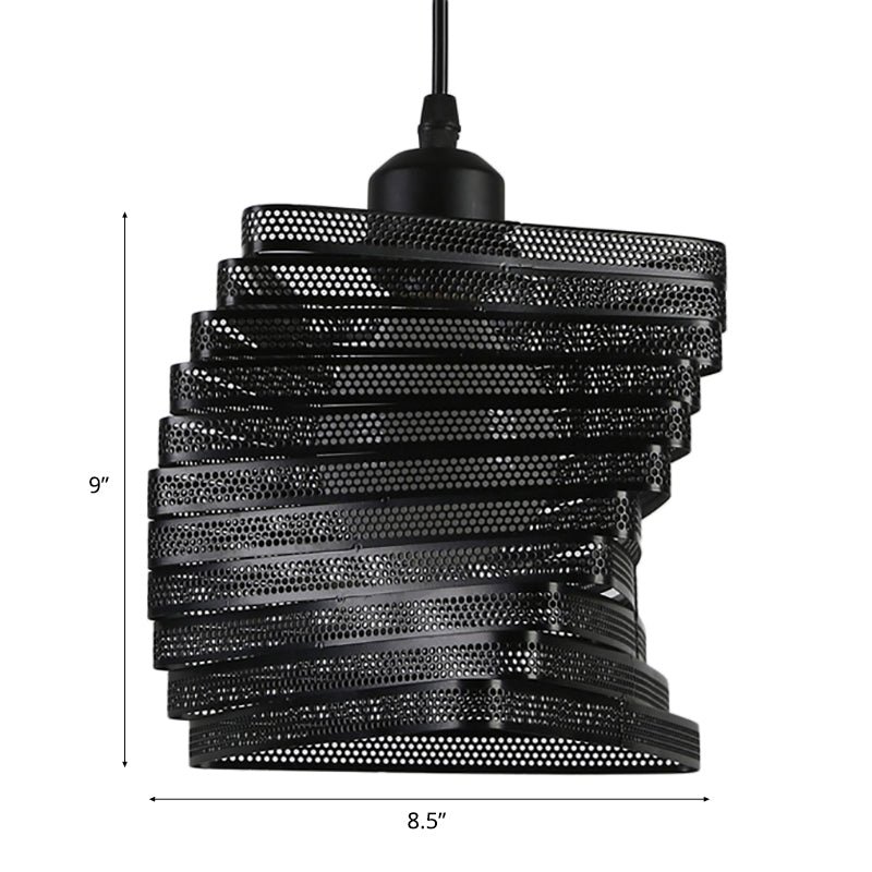 1 Bulb Twist Mesh Screen Pendant Light Industrial Black/White Metal Hanging Lamp with Triangle Shade Clearhalo 'Art Deco Pendants' 'Black' 'Cast Iron' 'Ceiling Lights' 'Ceramic' 'Crystal' 'Industrial Pendants' 'Industrial' 'Metal' 'Middle Century Pendants' 'Pendant Lights' 'Pendants' 'Rustic Pendants' 'Tiffany' Lighting' 73254