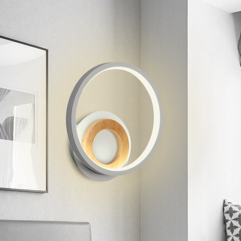 Modernist Ring Wall Sconce Acrylic LED Bedside Wall Mount Fixture in White with Wood Detail, White/Warm Light Clearhalo 'Modern wall lights' 'Modern' 'Wall Lamps & Sconces' 'Wall Lights' Lighting' 732553