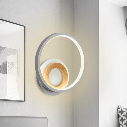 Modernist Ring Wall Sconce Acrylic LED Bedside Wall Mount Fixture in White with Wood Detail, White/Warm Light Clearhalo 'Modern wall lights' 'Modern' 'Wall Lamps & Sconces' 'Wall Lights' Lighting' 732553