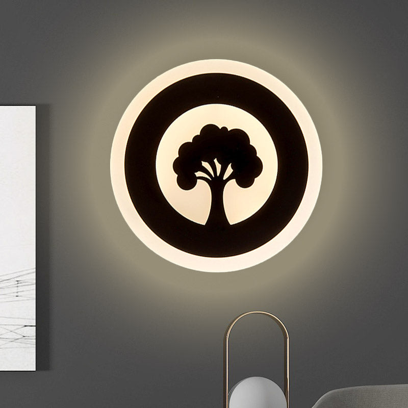 Acrylic Round Wall Lighting Modernism LED Flush Wall Sconce in Black with Tree Pattern, White/Warm Light Black Clearhalo 'Modern wall lights' 'Modern' 'Wall Lamps & Sconces' 'Wall Lights' Lighting' 732573