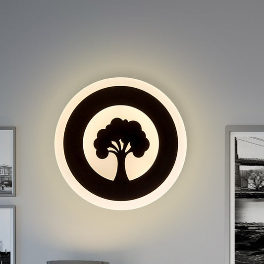 Acrylic Round Wall Lighting Modernism LED Flush Wall Sconce in Black with Tree Pattern, White/Warm Light Clearhalo 'Modern wall lights' 'Modern' 'Wall Lamps & Sconces' 'Wall Lights' Lighting' 732574