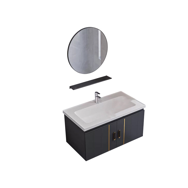 Glam Single Wall Mount Sink Vanity Gray Metal Base Rectangular Vanity Set Vanity & Faucet & Mirrors 31"L x 19"W x 16"H Round Mirror Clearhalo 'Bathroom Remodel & Bathroom Fixtures' 'Bathroom Vanities' 'bathroom_vanities' 'Home Improvement' 'home_improvement' 'home_improvement_bathroom_vanities' 7327212