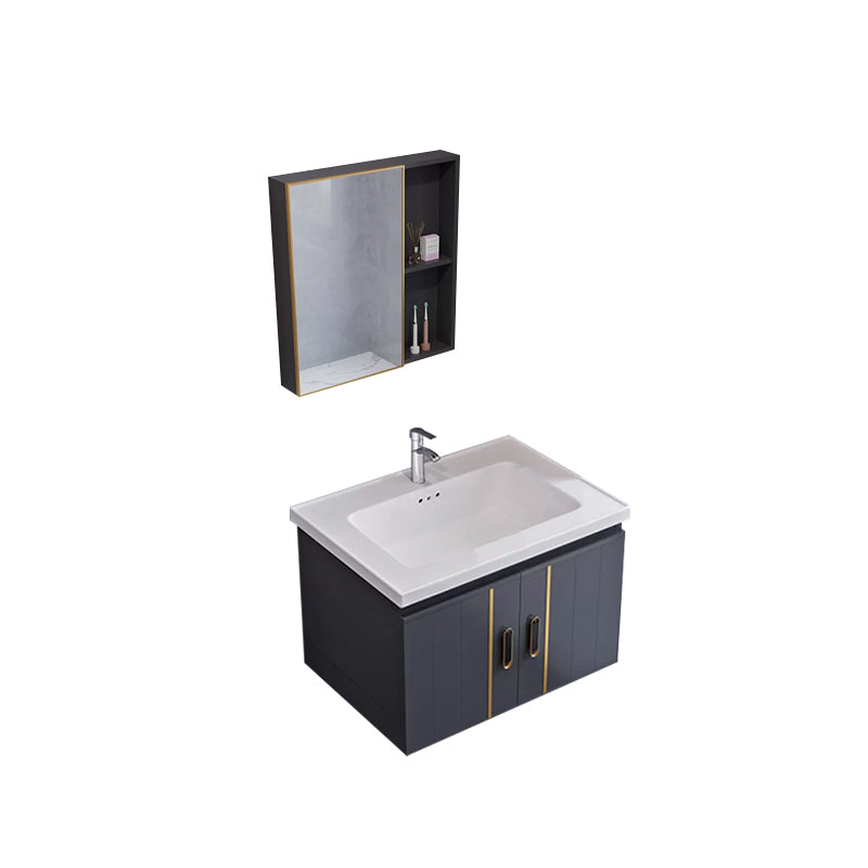 Glam Single Wall Mount Sink Vanity Gray Metal Base Rectangular Vanity Set Vanity & Faucet & Mirror Cabinet 24"L x 16"W x 16"H Square Mirror Clearhalo 'Bathroom Remodel & Bathroom Fixtures' 'Bathroom Vanities' 'bathroom_vanities' 'Home Improvement' 'home_improvement' 'home_improvement_bathroom_vanities' 7327217