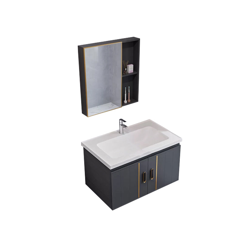 Glam Single Wall Mount Sink Vanity Gray Metal Base Rectangular Vanity Set Vanity & Faucet & Mirror Cabinet 28"L x 19"W x 16"H Square Mirror Clearhalo 'Bathroom Remodel & Bathroom Fixtures' 'Bathroom Vanities' 'bathroom_vanities' 'Home Improvement' 'home_improvement' 'home_improvement_bathroom_vanities' 7327218