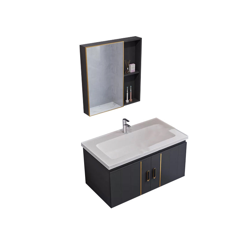 Glam Single Wall Mount Sink Vanity Gray Metal Base Rectangular Vanity Set Vanity & Faucet & Mirror Cabinet 31"L x 19"W x 16"H Square Mirror Clearhalo 'Bathroom Remodel & Bathroom Fixtures' 'Bathroom Vanities' 'bathroom_vanities' 'Home Improvement' 'home_improvement' 'home_improvement_bathroom_vanities' 7327219