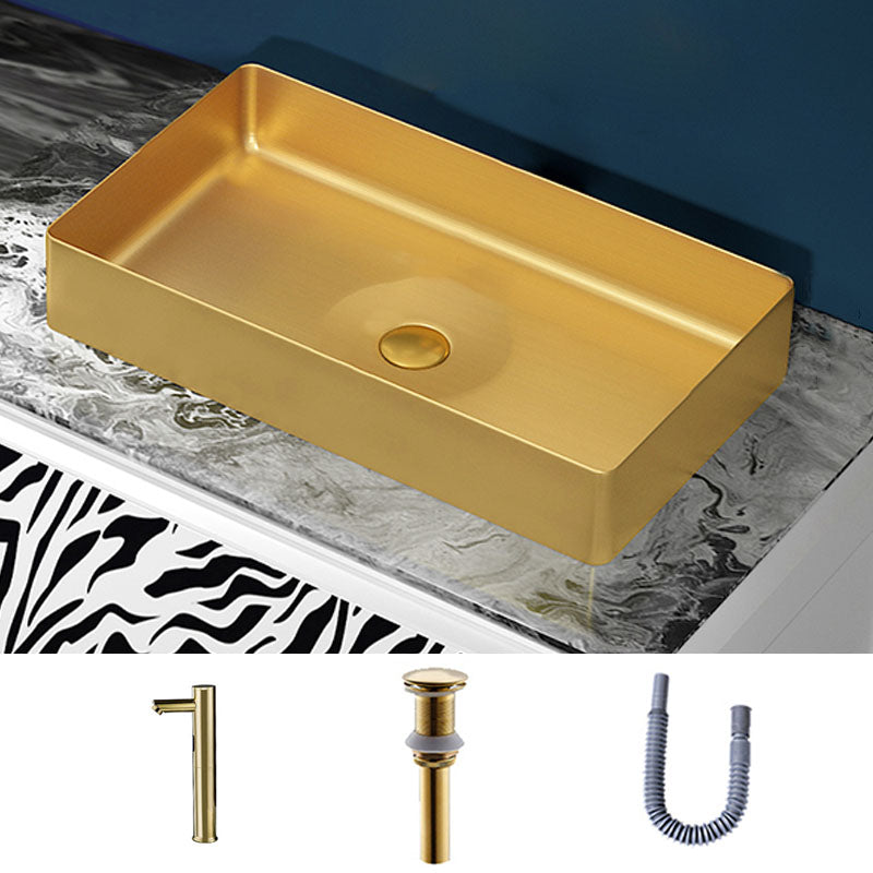 Modern Bathroom Sink with Pop-Up Drain Rectangular Metal Vessel Bathroom Sink Gold Sensor Faucet Sink with Faucet Clearhalo 'Bathroom Remodel & Bathroom Fixtures' 'Bathroom Sinks & Faucet Components' 'Bathroom Sinks' 'bathroom_sink' 'Home Improvement' 'home_improvement' 'home_improvement_bathroom_sink' 7327851