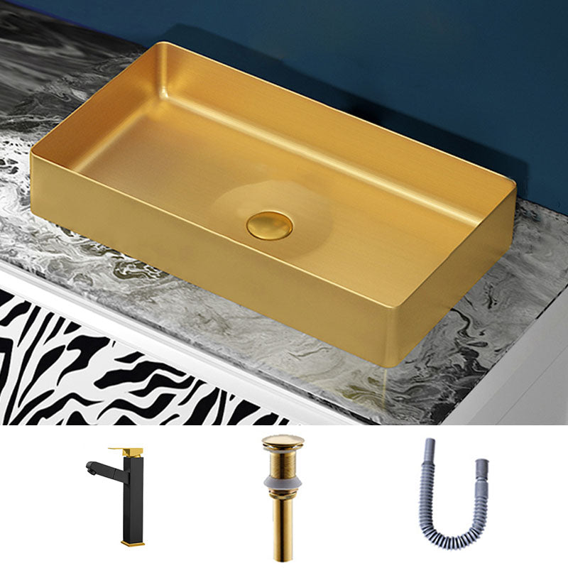 Modern Bathroom Sink with Pop-Up Drain Rectangular Metal Vessel Bathroom Sink Gold Square Pulling Faucet Sink with Faucet Clearhalo 'Bathroom Remodel & Bathroom Fixtures' 'Bathroom Sinks & Faucet Components' 'Bathroom Sinks' 'bathroom_sink' 'Home Improvement' 'home_improvement' 'home_improvement_bathroom_sink' 7327856