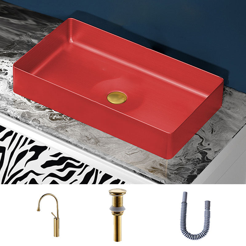 Modern Bathroom Sink with Pop-Up Drain Rectangular Metal Vessel Bathroom Sink Red Droplet Faucet Sink with Faucet Clearhalo 'Bathroom Remodel & Bathroom Fixtures' 'Bathroom Sinks & Faucet Components' 'Bathroom Sinks' 'bathroom_sink' 'Home Improvement' 'home_improvement' 'home_improvement_bathroom_sink' 7327860