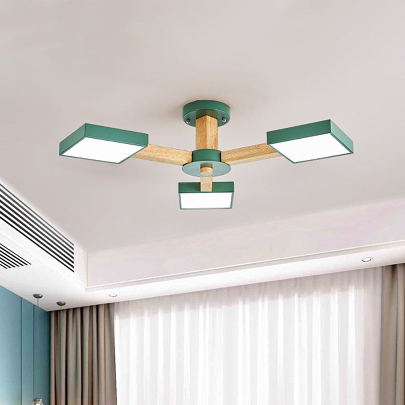 Green Finish Square Semi Flush Mount Modernism 3 Heads Wood Radial Close to Ceiling Lamp Green Clearhalo 'Ceiling Lights' 'Close To Ceiling Lights' 'Close to ceiling' 'Semi-flushmount' Lighting' 733028