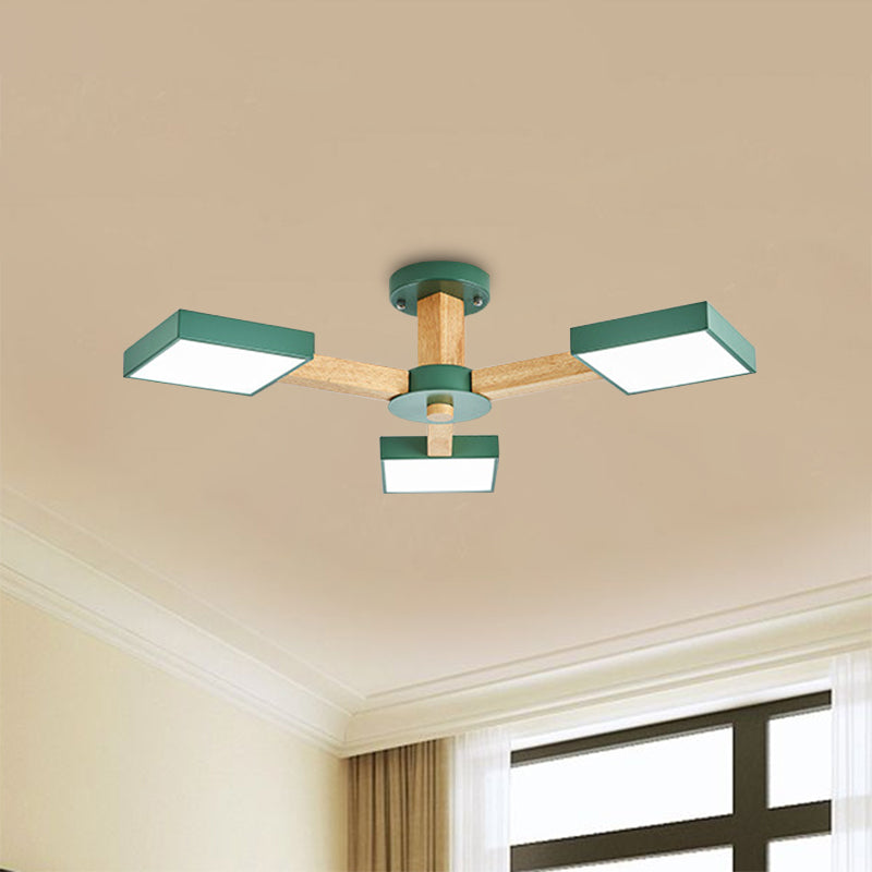 Green Finish Square Semi Flush Mount Modernism 3 Heads Wood Radial Close to Ceiling Lamp Clearhalo 'Ceiling Lights' 'Close To Ceiling Lights' 'Close to ceiling' 'Semi-flushmount' Lighting' 733029