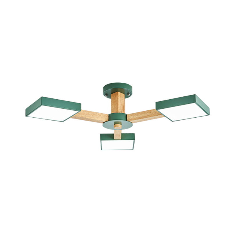 Green Finish Square Semi Flush Mount Modernism 3 Heads Wood Radial Close to Ceiling Lamp Clearhalo 'Ceiling Lights' 'Close To Ceiling Lights' 'Close to ceiling' 'Semi-flushmount' Lighting' 733030