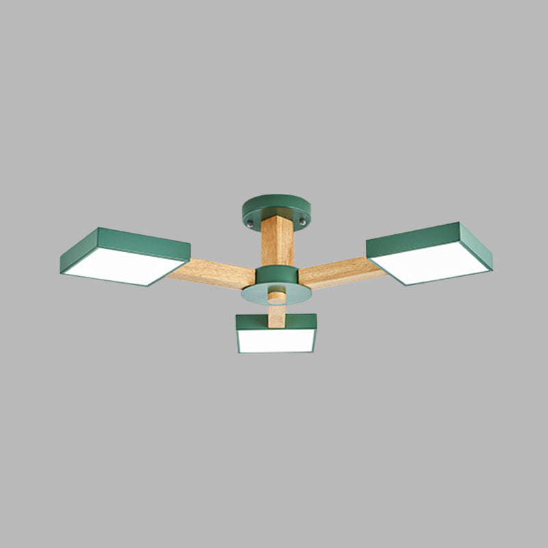 Green Finish Square Semi Flush Mount Modernism 3 Heads Wood Radial Close to Ceiling Lamp Clearhalo 'Ceiling Lights' 'Close To Ceiling Lights' 'Close to ceiling' 'Semi-flushmount' Lighting' 733031