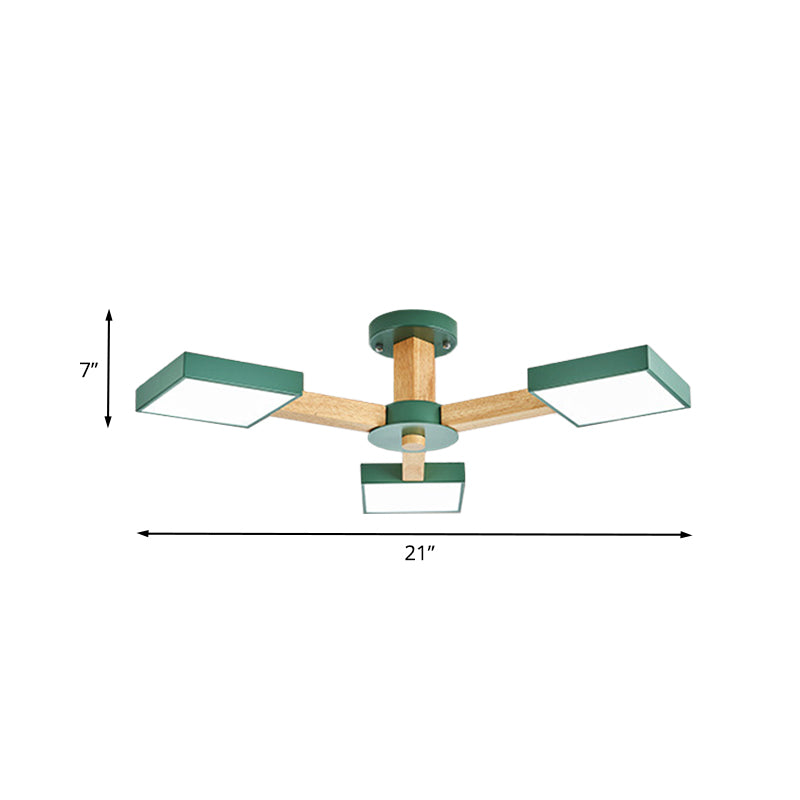 Green Finish Square Semi Flush Mount Modernism 3 Heads Wood Radial Close to Ceiling Lamp Clearhalo 'Ceiling Lights' 'Close To Ceiling Lights' 'Close to ceiling' 'Semi-flushmount' Lighting' 733032