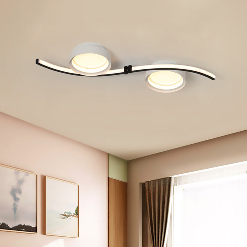 Simple Dual Drum Flush Mount Fixture Acrylic LED Bedroom in Black and White with Waving Linear Design, Warm/White Light Clearhalo 'Ceiling Lights' 'Close To Ceiling Lights' 'Close to ceiling' 'Flush mount' Lighting' 733040