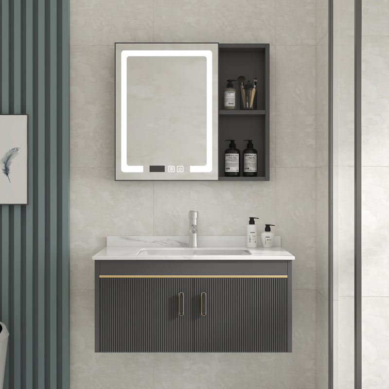 Glam Vanity Single Sink Wall Mounted 2 Doors Metal Frame Rectangular Vanity with Mirror Clearhalo 'Bathroom Remodel & Bathroom Fixtures' 'Bathroom Vanities' 'bathroom_vanities' 'Home Improvement' 'home_improvement' 'home_improvement_bathroom_vanities' 7332247