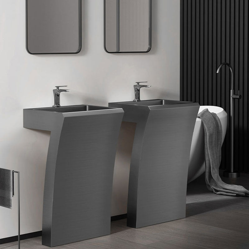 Contemporary Bathroom Sink with Pop-Up Drain Rectangular Metal Pedestal Sink Clearhalo 'Bathroom Remodel & Bathroom Fixtures' 'Bathroom Sinks & Faucet Components' 'Bathroom Sinks' 'bathroom_sink' 'Home Improvement' 'home_improvement' 'home_improvement_bathroom_sink' 7333050